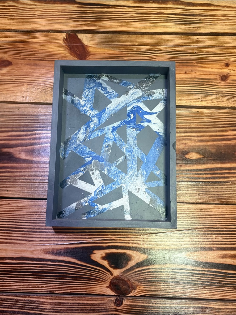 Abstract Hydrodipped Blue-Gray Framed Tray/Hanging Wall Decor 10.2” x 13.8”